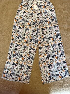 Women's White Palm-Print Wide-Leg Lounge Pants